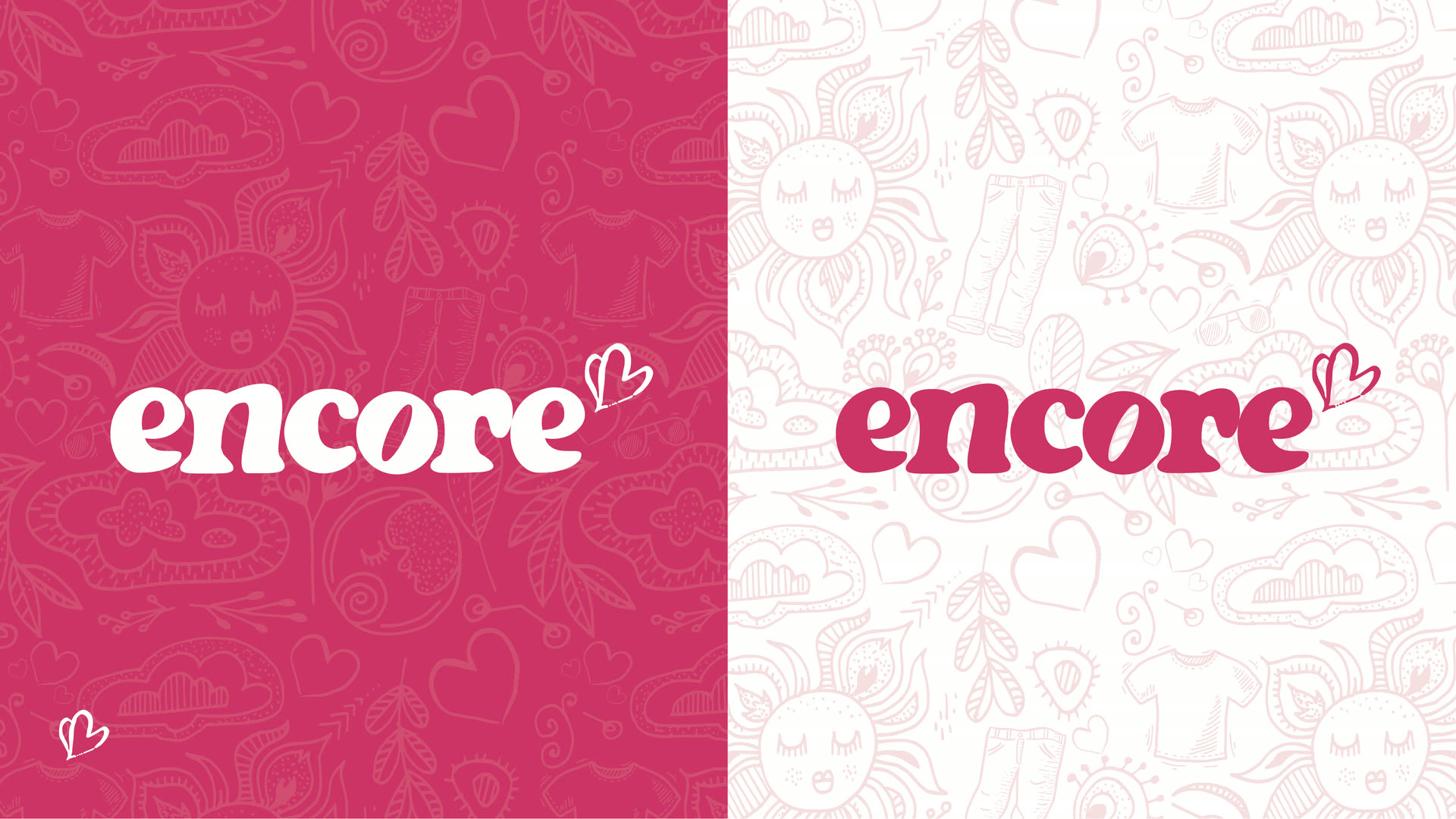 The Encore primary logo in white on pink and in pink on white, both on the doodle pattern