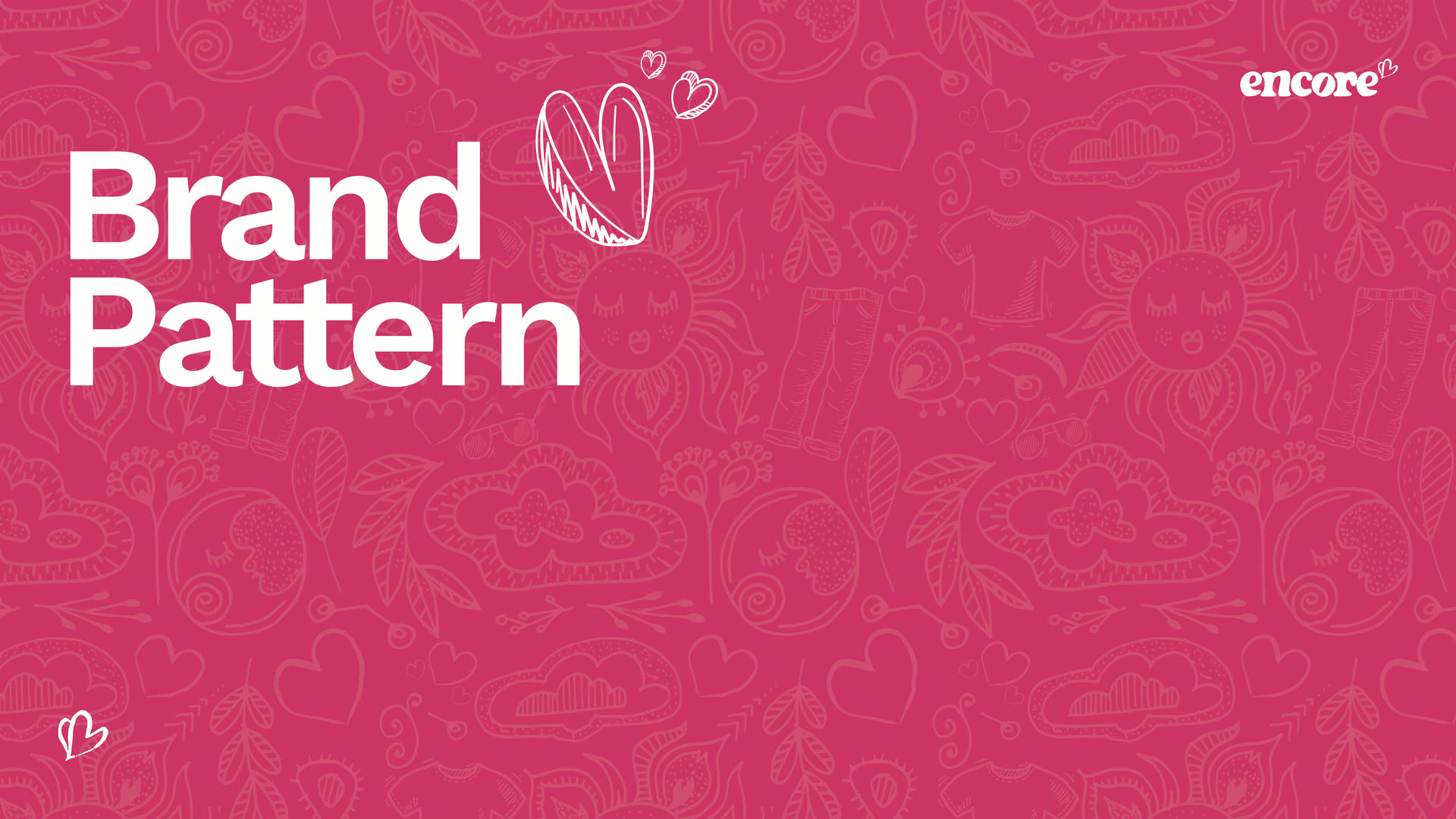 The Encore brand pattern: hand drawn garments, suns, hearts and foliage in tonal pink