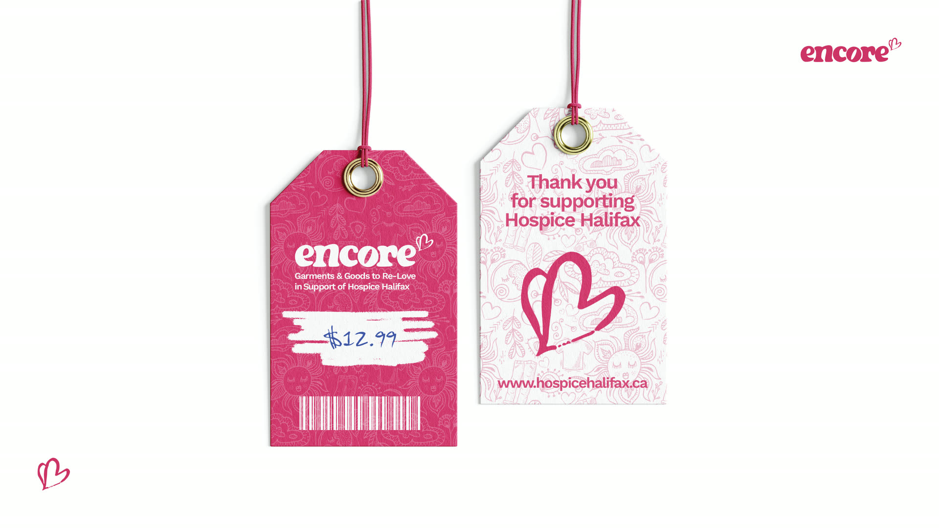 Encore swing tags, front and back: price tag in pink and a thank you for supporting Hospice Halifax
