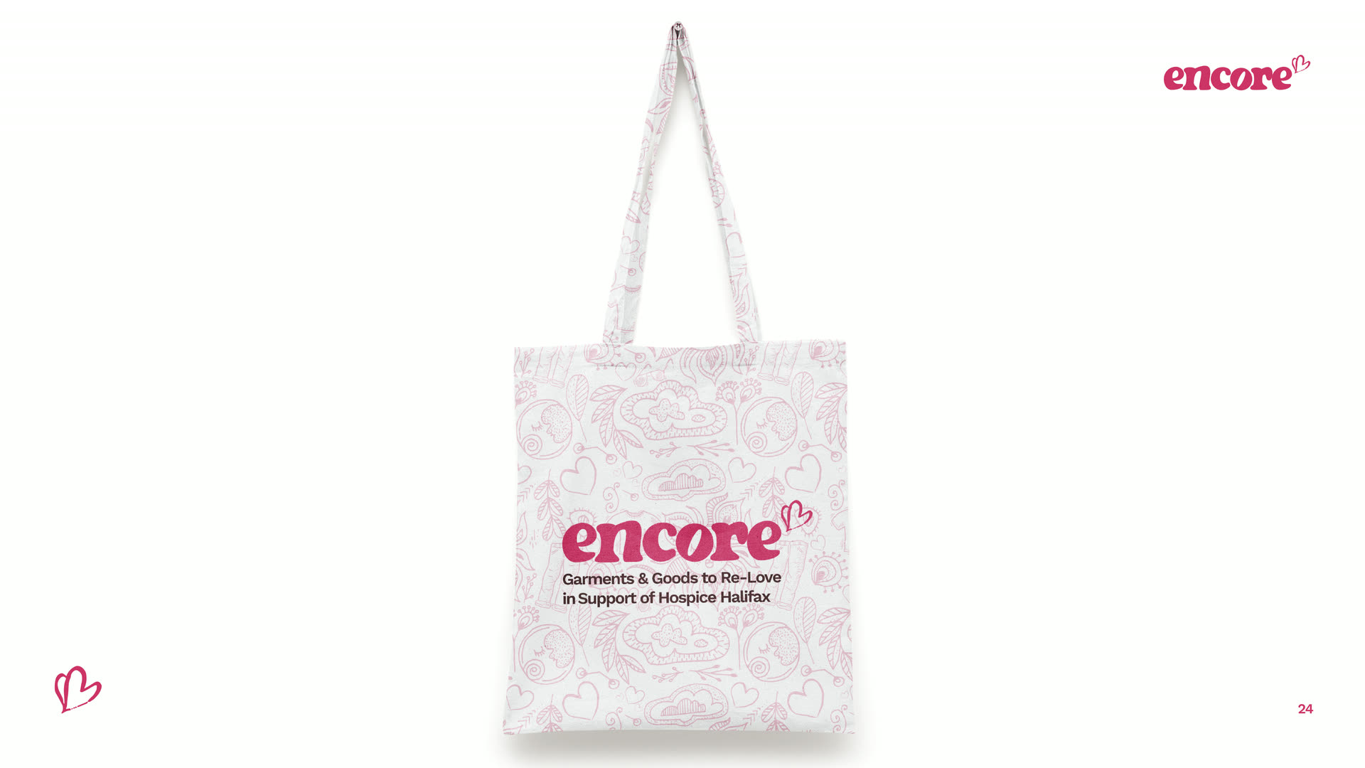 An Encore canvas tote printed with the doodle pattern and the logo lockup