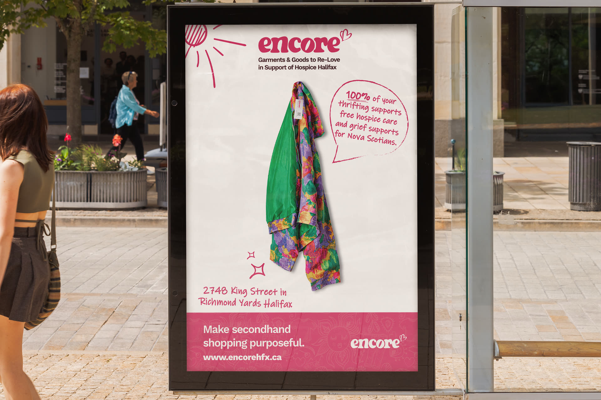 Encore citylight ad with a vintage jacket and the line 100% of your thrifting supports free hospice care